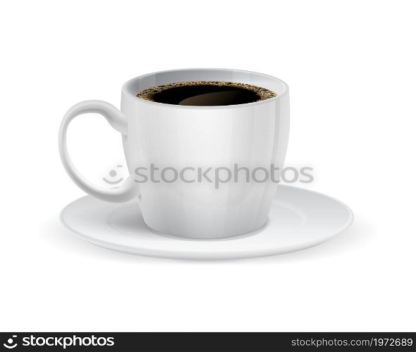 Realistic cup with black coffee. White espresso mug and saucer. Ceramic tableware for hot caffeine drink. Side view of porcelain tableware. Isolated cafeteria menu element. Vector beverage serving. Realistic cup with black coffee. White espresso mug and saucer. Ceramic tableware for caffeine drink. Side view of porcelain tableware. Cafeteria menu element. Vector beverage serving