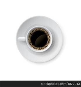 Realistic cup with black coffee. White espresso mug and saucer. Ceramic tableware for hot caffeine drink. Side view of porcelain tableware. Isolated cafeteria menu element. Vector beverage serving. Coffee top view. Realistic white cup with black coffee drink and saucer, Ceramic tableware for hot caffeine beverages. porcelain tableware with morning espresso, vector isolated 3d element