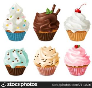 Realistic cupcakes. Sweet creamy desserts muffins with cherry and chocolate, delicious confectionery and baking. Isolated 3d pastry vector holiday cakes cup food frosting flavors decoration set. Realistic cupcakes. Sweet creamy desserts muffins with cherry and chocolate, delicious confectionery and baking. Isolated 3d pastry vector set