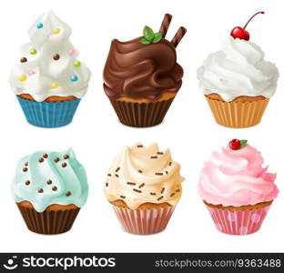 Realistic cupcakes. Sweet creamy desserts muffins with cherry and chocolate, delicious confectionery and baking. Isolated 3d pastry vector holiday cakes cup food frosting flavors decoration set. Realistic cupcakes. Sweet creamy desserts muffins with cherry and chocolate, delicious confectionery and baking. Isolated 3d pastry vector set