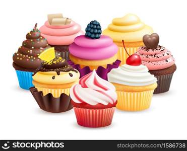 Realistic cupcakes with fruits, cream, chocolate, cherry vector illustration. Cupcake with blackberry, confectionery cake with chocolate. Realistic cupcakes with fruits, cream, chocolate, cherry vector illustration