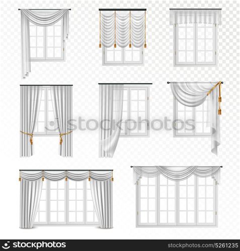 Realistic Curtain Windows Set. Collection of realistic windows with curtains in classic style eight flat isolated images on transparent background vector illustration