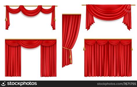 Realistic curtains, 3d vector red folded cloth with gold tassels and pelmet for window or theater stage decoration. Luxury fabric silk or velvet drapery, soft material mockup for interior design set. Realistic curtains, red cloth with gold ties set
