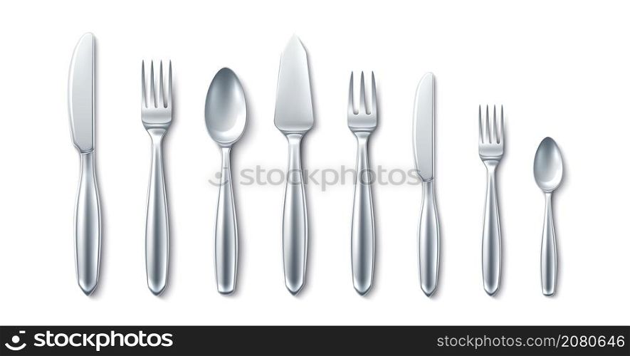 Realistic cutlery. 3d table silverware, metal spoons, forks and knives different sizes, top view steel utensils, glossy objects, restaurant serving elements, vector isolated on white background set. Realistic cutlery. 3d table silverware, metal spoons, forks and knives different sizes, top view steel utensils, glossy objects, restaurant serving elements, vector isolated set