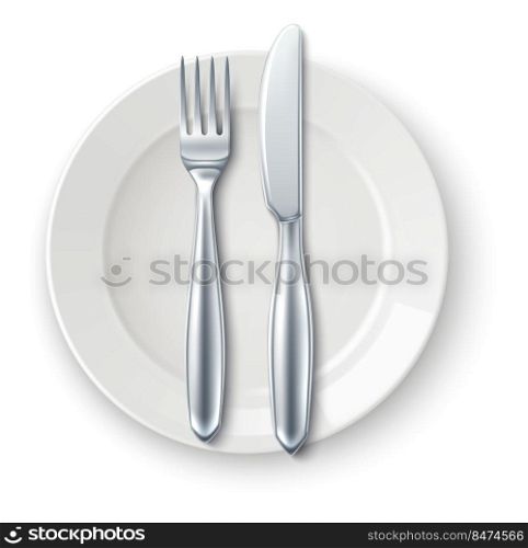 Realistic cutlery on plate. Finished meal waiter signal isolated on white background. Realistic cutlery on plate. Finished meal waiter signal