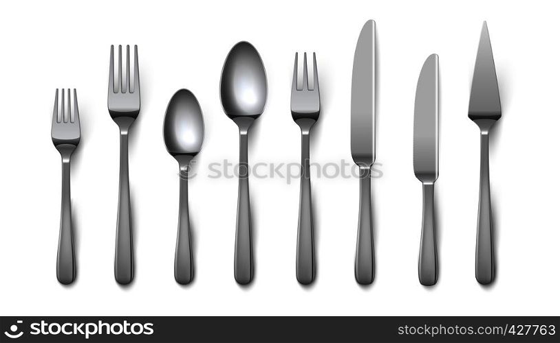 Realistic cutlery. Silverware fork knife spoon isolated on white background, stainless steel tableware flatware. Vector metal top view cutlery. Realistic cutlery. Silverware fork knife spoon isolated on white background, stainless steel tableware. Vector metal top view cutlery