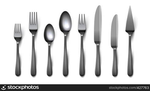 Realistic cutlery. Silverware fork knife spoon isolated on white background, stainless steel tableware flatware. Vector metal top view cutlery. Realistic cutlery. Silverware fork knife spoon isolated on white background, stainless steel tableware. Vector metal top view cutlery
