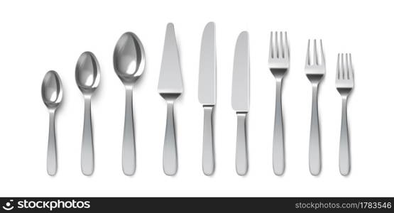 Realistic cutlery. Spoons, forks and table knives. Silverware utensil for serving. Dessert spoon and cake knife. Metal tableware vector set. Illustration silverware realistic, spoon and knife. Realistic cutlery. Spoons, forks and table knives. Silverware utensil for serving. Dessert spoon and cake knife. Metal tableware vector set