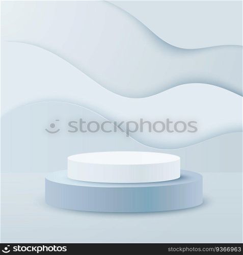 Realistic cylinder podium. White and blue round podium stage and 3d exhibit displays. 3d geometric shapes vector set with papercut background. Realistic cylinder podium. White and blue round podium stage and 3d exhibit displays. 3d geometric shapes set with papercut background