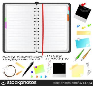 Realistic daily planner with font and stationery items, vector illustration