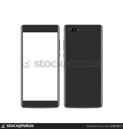 Realistic dark grey smartphone. Front and Back View. Smartphone with edge side style, 3d Vector illustration of cell phone.