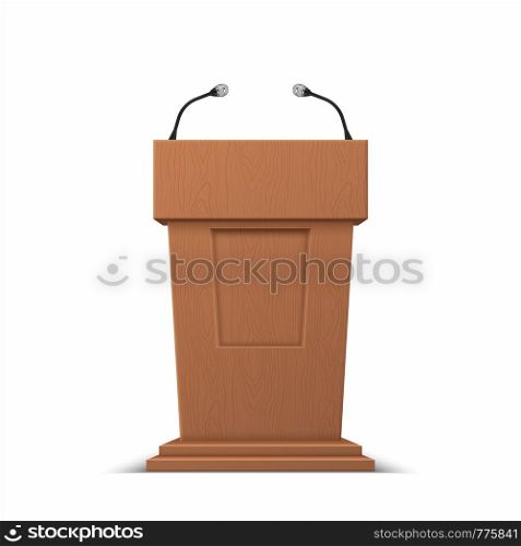 Realistic debate stage. 3D conference speech tribune, business presentation stage stand with microphones. Vector isolated illustration podium for public presenting on white backgrounds. Realistic debate stage. 3D conference speech tribune, business presentation stage stand with microphones. Vector isolated illustration