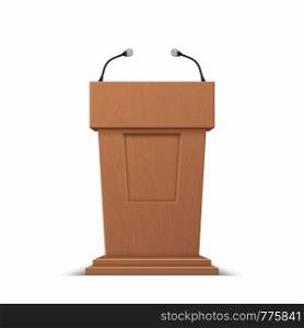 Realistic debate stage. 3D conference speech tribune, business presentation stage stand with microphones. Vector isolated illustration podium for public presenting on white backgrounds. Realistic debate stage. 3D conference speech tribune, business presentation stage stand with microphones. Vector isolated illustration