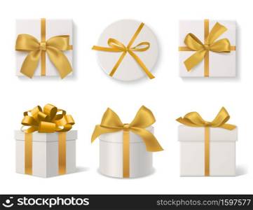 Realistic decorative gift boxes. 3d gifts white cardboard packaging templates, golden ribbons and bows top and side view, round and square wrapped presents. Vector isolated on white background set. Realistic decorative gift boxes. 3d gifts white cardboard packaging templates, golden ribbons and bows top and side view, round and square wrapped presents. Vector isolated set