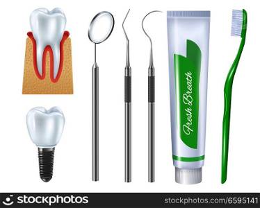 Realistic dental set of toothbrush toothpaste tube denture on implant base and medical tools for teeth treatment vector illustration. Realistic Dental Set