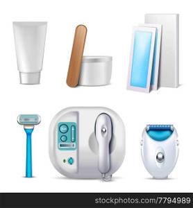 Realistic depilation set of various hair removal methods isolated on white background vector illustration. Depilation Realistic Set