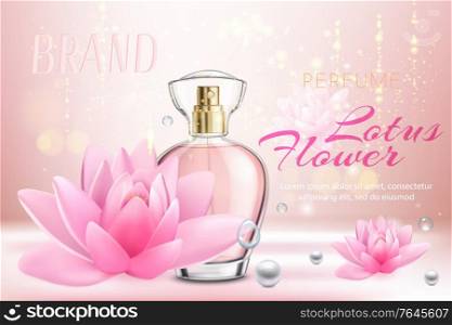 Realistic design advertisement with bottle of floral female perfume and pink lotus flowers vector illustration