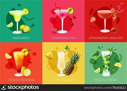 Realistic design concept with different alcoholic cocktails fruit berries isolated on colorful background vector illustration