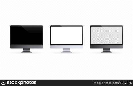 Realistic desktop computer with blank display. PC in front and side view. In black, silver and space gray color. Vector on isolated transparent background. EPS 10.. Realistic desktop computer with blank display. PC in front and side view. In black, silver and space gray color. Vector on isolated transparent background. EPS 10