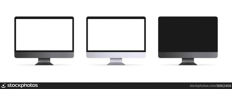 Realistic desktop computer with blank display. PC in front and side view. In black, silver and space gray color.. Realistic desktop computer with blank display. PC in front and side view. In black, silver and space gray color. Vector on isolated transparent background. EPS 10