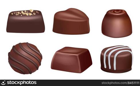 Realistic dessert. Chocolate sweets with cacao and jam delicious dark candies decent vector colored set isolated. Illustration of chocolate dessert and sweets. Realistic dessert. Chocolate sweets with cacao and jam delicious dark candies decent vector colored set isolated