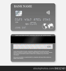 Realistic detailed credit card. Front and back side template.. Realistic detailed credit card.