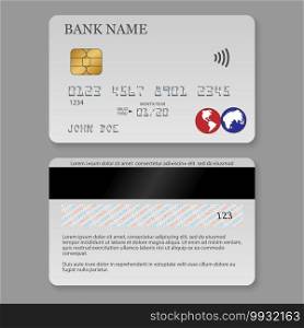 Realistic detailed credit card. Front and back side template.. Realistic detailed credit card.