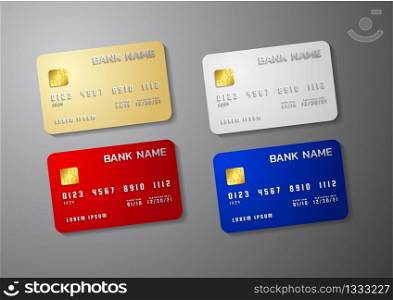 Realistic detailed credit cards set with colorful abstract design background.