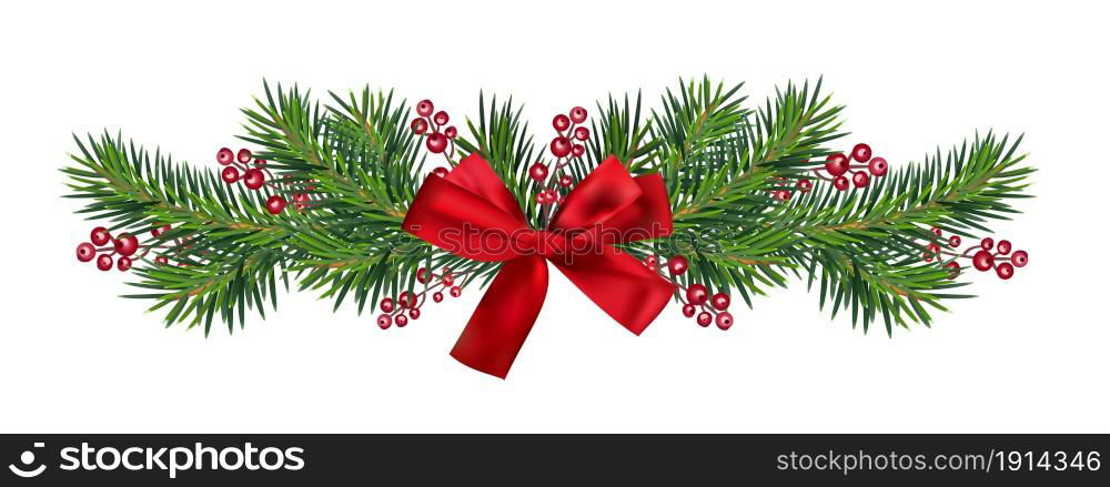 Realistic Detailed divider with Christmas fir tree with red satin bow isolated on white background. Vector illustration mesh.. Realistic Detailed divider with Christmas fir tree with red satin bow isolated on white background. Vector illustration mesh