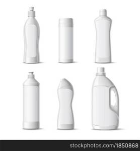Realistic detergent bottles. Isolated white plastic containers for domestic chemicals, cleaning products blank packaging mockup of washing canister vector set. Realistic detergent bottles. Isolated white plastic containers for domestic chemicals, cleaning products blank packaging mockup, vector set