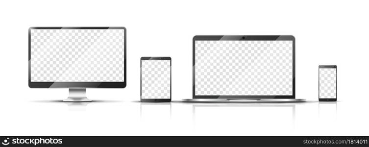 Realistic devices mockup. Smartphone, monitor laptop and tablet with transparent screen. Isolated mobile vector illustration. Smartphone and laptop, tablet and phone touchscreen. Realistic devices mockup. Smartphone, monitor laptop and tablet with transparent screen. Isolated mobile vector illustration