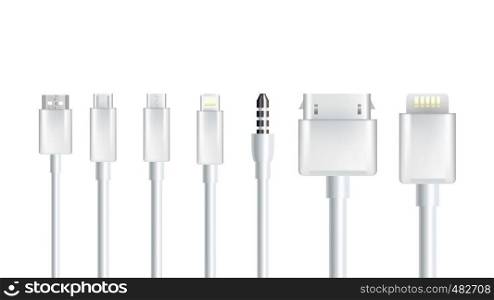 Realistic Different Cables Connection Set Vector. Usb Hardware Different Plug Ports For Interconnect Smartphone And Headphones Top View Isolated Image On White Background. 3d Illustration. Realistic Different Cables Connection Set Vector