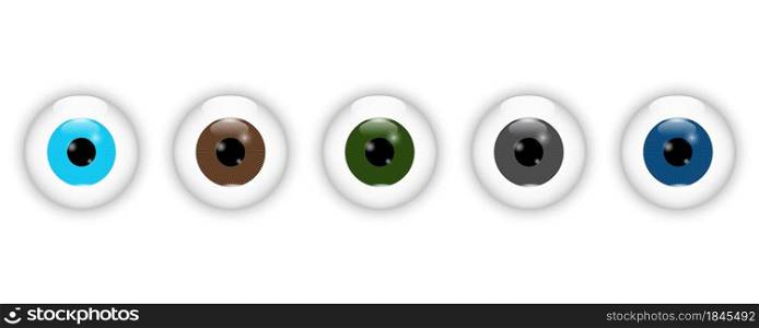 Realistic different eyeball set. Blue, brown, green, black and dark blue eye icon. Vector illustration. Stock image. EPS 10.. Realistic different eyeball set. Blue, brown, green, black and dark blue eye icon. Vector illustration. Stock image.