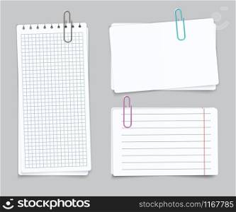 Realistic Different sheets. Blank gridded torn notebook paper color paper clips. Vector notepapers for post memories and remember notes. Realistic Different sheets. Blank gridded notebook paper color paper clips. Vector notepapers