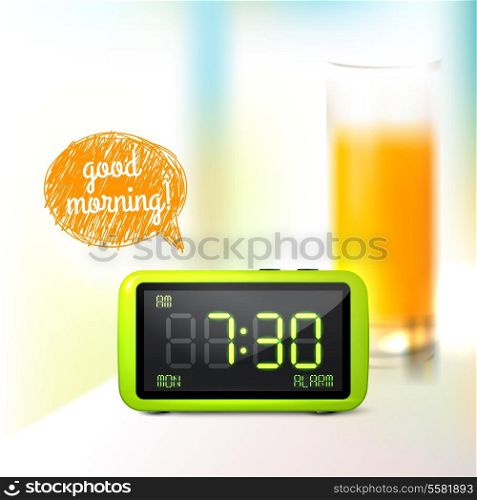 Realistic digital alarm clock with lcd display and glass of orange juice good morning background vector illustration