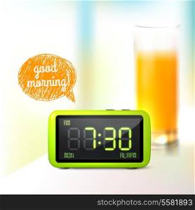 Realistic digital alarm clock with lcd display and glass of orange juice good morning background vector illustration