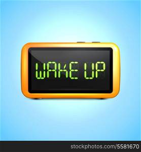 Realistic digital alarm clock with lcd display wake up concept text vector illustration
