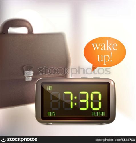 Realistic digital alarm clock with lcd display wake up text and briefcase background vector illustration