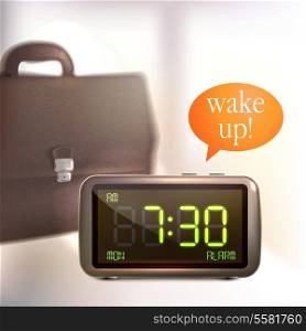 Realistic digital alarm clock with lcd display wake up text and briefcase background vector illustration