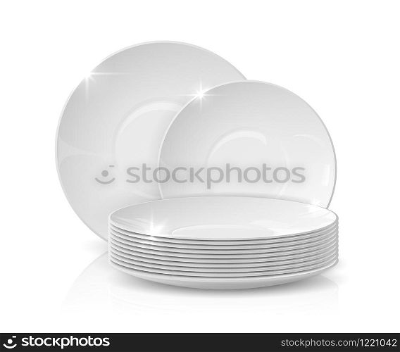 Realistic dishes. Stack of plates and bowls, 3D white ceramic crockery, dishware mockup isolated on white. Vector illustration stacked kitchen tableware for restaurant serving. Realistic dishes. Stack of plates and bowls, 3D white ceramic crockery, dishware mockup isolated on white. Vector kitchen tableware