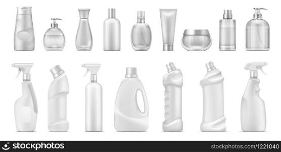 Realistic dispenser. Cosmetic containers and white blank cleaner bottles, 3D isolated toilet and bath household chemicals. Vector blank bottle set for detergents or cosmetic product. Realistic dispenser. Cosmetic containers and white blank cleaner bottles, 3D isolated toilet and bath household chemicals. Vector detergents