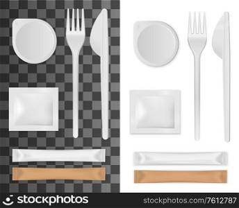 Realistic disposable tableware, salt, sugar and napkins packages set isolated 3d vector mockup. Empty white plate or cup, knife and fork. Disposable plastic or paper takeaway kitchenware implements. Disposable tableware. Salt, sugar and napkins