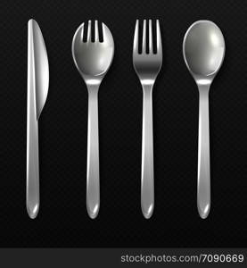 Realistic disposable white plastic spoon, fork and knife vector isolated cutlery. Illustration of plastic tool for dining, tableware knife fork and spoon. Realistic disposable white plastic spoon, fork and knife vector isolated cutlery