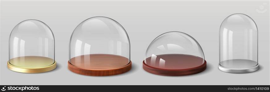 Realistic domes. 3D spherical and hemispherical glass cover for souvenirs, kitchen glassware utensils, exhibition display case. Vector set protection container with wood tray. Realistic domes. 3D spherical and hemispherical glass cover for souvenirs, kitchen glassware utensils, exhibition display case. Vector set