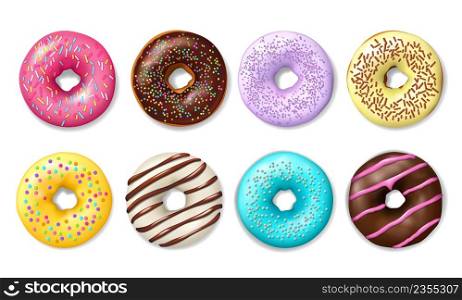 Realistic donut cake icon. Doughnut desserts with chocolate cream icing and sprinkles. Bakery sweet pastry food, cafe confectionery and colorful glazed donuts, 3d vector doughnuts with frosting. Realistic donut cake, doughnut desserts icon