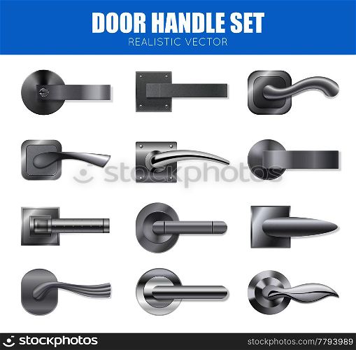 Realistic door handle silver set with isolated images of modern design steel levers of different shape vector illustration. Silver Door Handle Collection