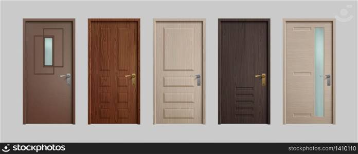Realistic doors. 3D wooden home entry front doors, white and brown office inside entry. Vector set isolated illustration entrance door on white background. Realistic doors. 3D wooden home entry front doors, white and brown office inside entry. Vector set isolated on white background