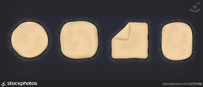 Realistic dough. Wheat flour and baking mass on table, top view of 3d dough for cooking. Vector bread or pizza baking poster for restaurant menu design on black background. Realistic dough. Wheat flour and baking mass on table, top view of 3d dough for cooking. Vector bread or pizza baking poster for restaurant menu