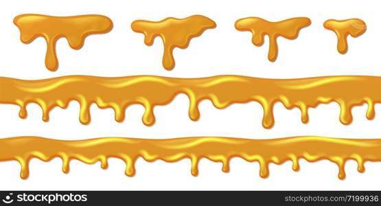 Realistic dripping honey. Realistic amber liquid syrup drips. Vector illustration sweet flow yellow oil waves isolated on white background. Realistic dripping honey. Realistic liquid syrup drips. Vector flow oil waves isolated on white background