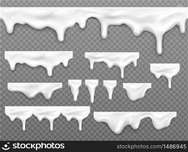 Realistic dripping milk drops, melted white liquid yoghurt, mayonnaise splashes, glossy seamless cream border with falling droplets, molten texture isolated on transparent background, 3d vector mockup. Realistic dripping milk drops, melted white liquid